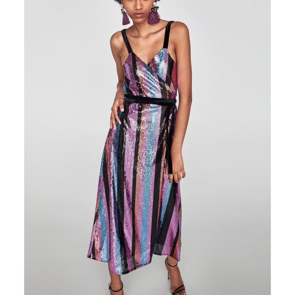 Zara Multicolor Sequin Striped Midi Dress (Purple, Pink, Blue, Black)